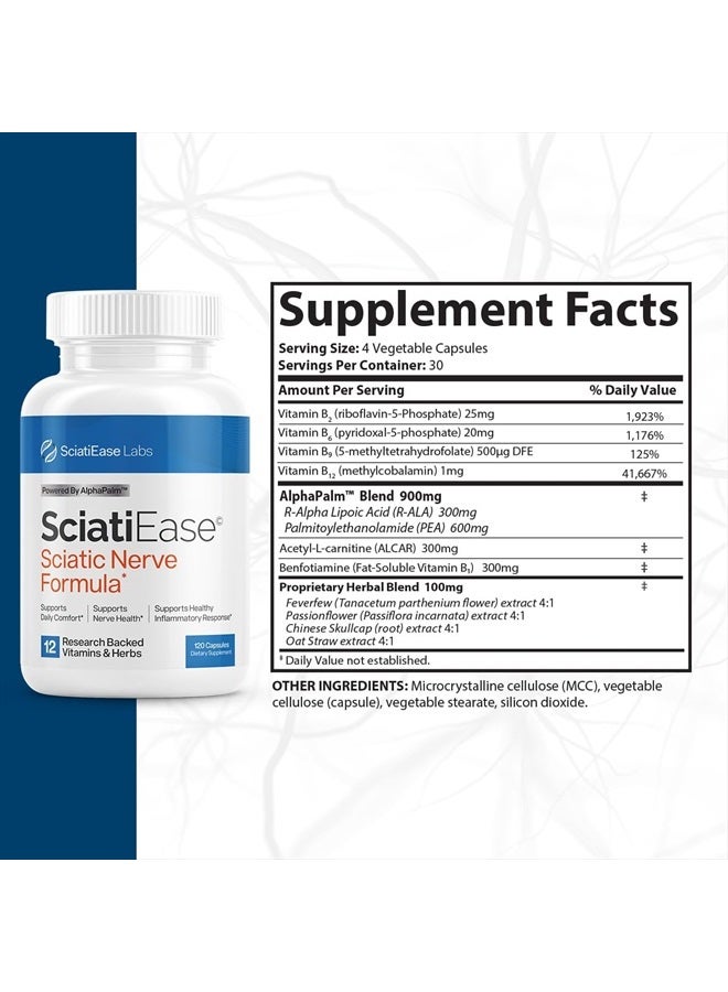 SciatiEase مكمل دعم صحة العصب الوركي - تركيبة دعم الأعصاب مع ألفا بالم، البازلاء، مركب فيتامين ب، حمض ألفا ليبويك 300 ملغ - 3 زجاجات - Image 2