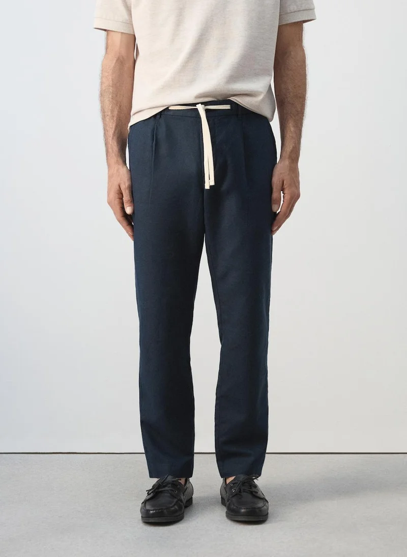 مانجو مان Slim Fit Cropped Linen-Cotton Trousers