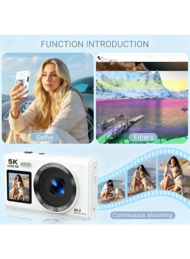 Dual Screen 5K Digital Camera for Vlogging with Fill Light - 80MP, 16X Zoom, WiFi, YouTube/Blogging, Includes 128GB Card & 2 Batteries - Image 4