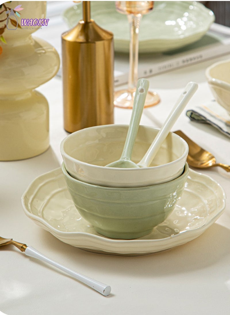 WAOKN Cream Ceramic Cutlery Gift Set Porcelain Dinnerware Sets Plates and Bowls Sets 7 Pieces Ceramics Dinner Set Bowl/Plates/Spoons Set Nordic Simple Style Combinatio  - Image 5