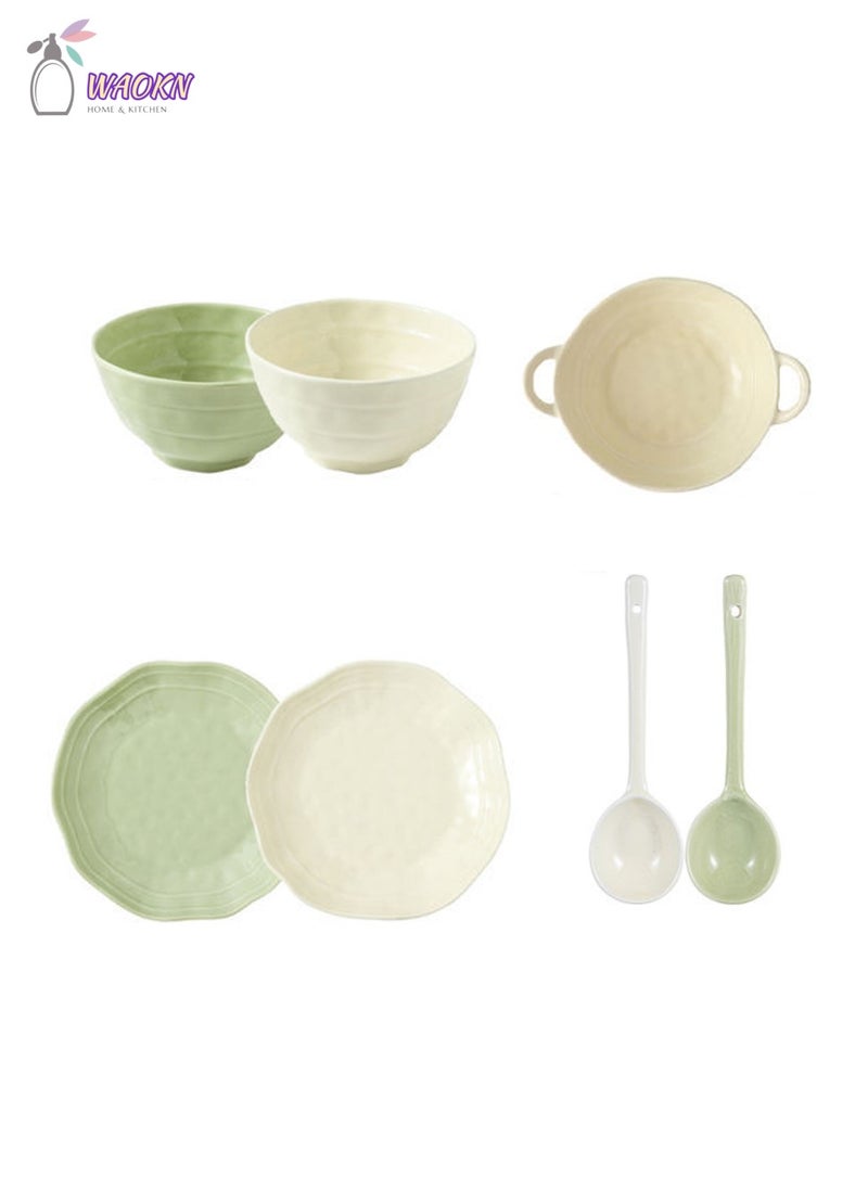 WAOKN Cream Ceramic Cutlery Gift Set Porcelain Dinnerware Sets Plates and Bowls Sets 7 Pieces Ceramics Dinner Set Bowl/Plates/Spoons Set Nordic Simple Style Combinatio  - Image 1
