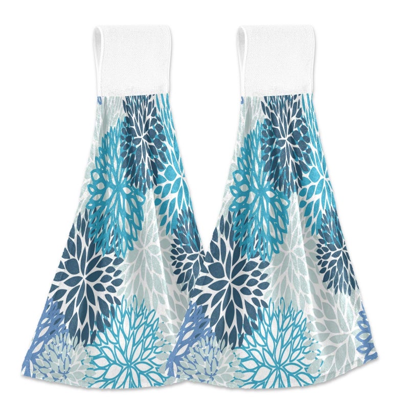 Dussdil Spring Geometric Flowers Kitchen Hanging Towel 12 x 17 Inch Dahlia Pinnata Teal Floral Hand Tie Towels Set 2 Pcs Tea Bar Dish Cloths Dry Towel Soft Absorbent Durable for Bathroom Laundry Room De - Image 1