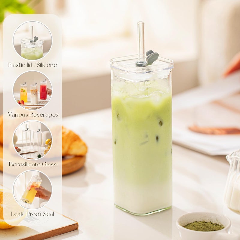 KEMORELA 6 Sets Square Drinking Glass Cups, Old Fashioned Glasses, 17 Oz Square Glasses, Clear Highball Modern Glassware Tumbler Mixed Drinkware with Straws for Cocktail Coffee Juice Beer (Square-6PCS) - Image 4