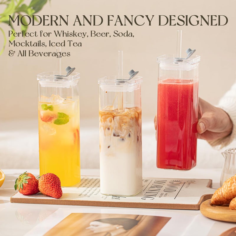 KEMORELA 6 Sets Square Drinking Glass Cups, Old Fashioned Glasses, 17 Oz Square Glasses, Clear Highball Modern Glassware Tumbler Mixed Drinkware with Straws for Cocktail Coffee Juice Beer (Square-6PCS) - Image 2