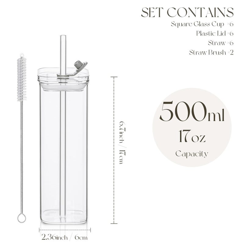 KEMORELA 6 Sets Square Drinking Glass Cups, Old Fashioned Glasses, 17 Oz Square Glasses, Clear Highball Modern Glassware Tumbler Mixed Drinkware with Straws for Cocktail Coffee Juice Beer (Square-6PCS) - Image 3