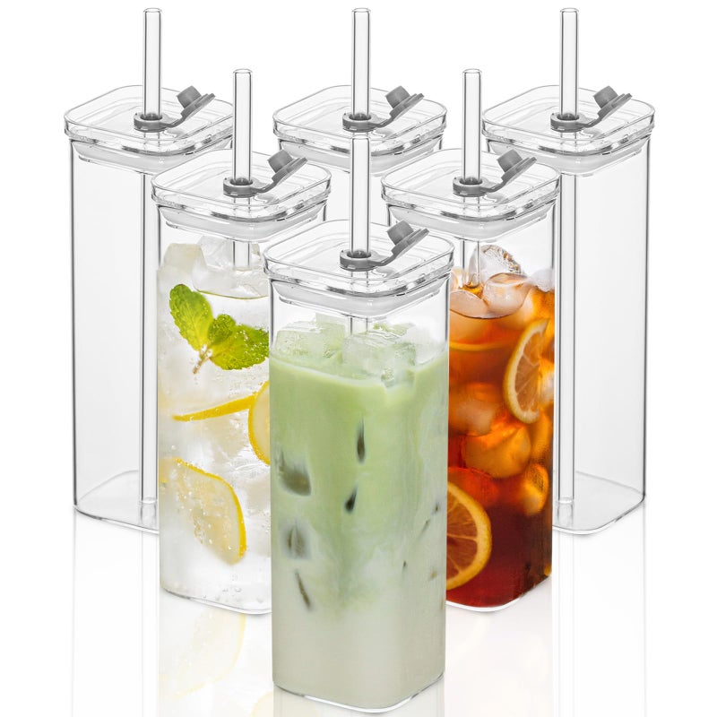 KEMORELA 6 Sets Square Drinking Glass Cups, Old Fashioned Glasses, 17 Oz Square Glasses, Clear Highball Modern Glassware Tumbler Mixed Drinkware with Straws for Cocktail Coffee Juice Beer (Square-6PCS) - Image 1