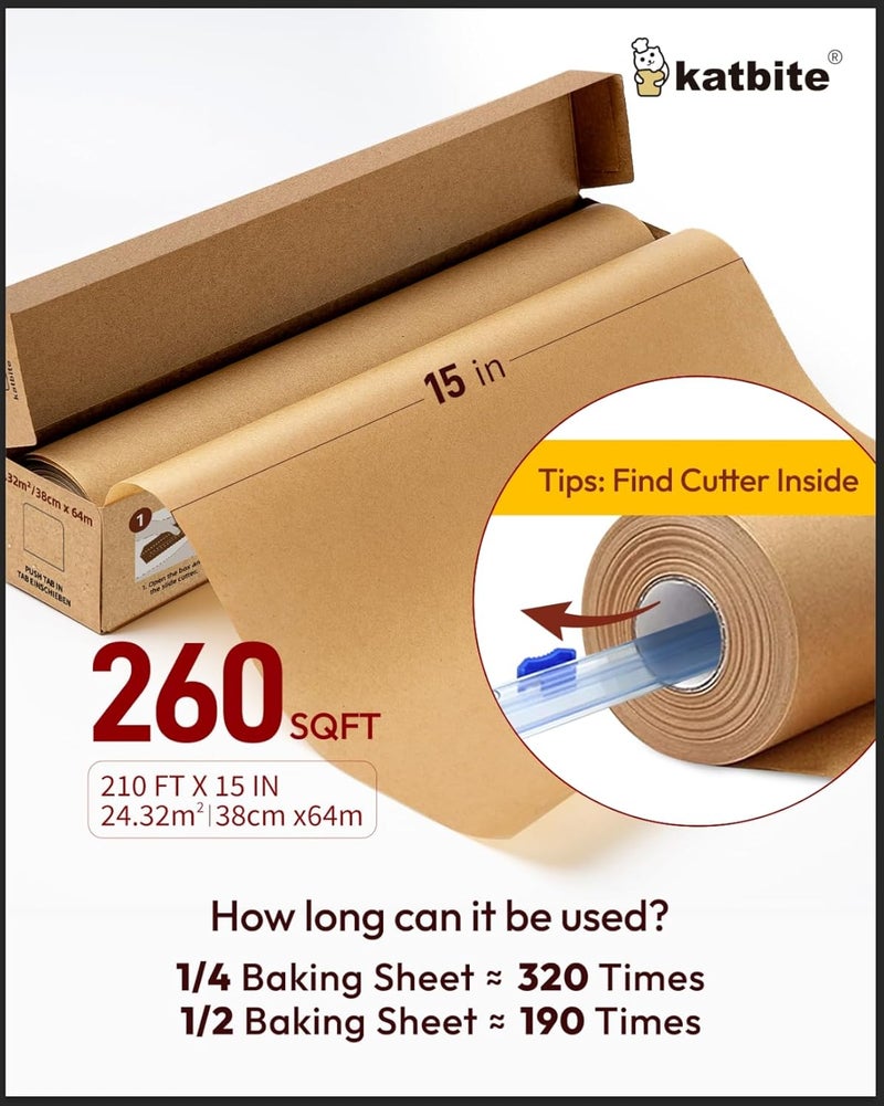 katbite Unbleached Parchment Paper for Baking, 15 Inch x 250 Yard, 260 Sq ft, Heavy Duty Baking Parchment Paper with Slide Cutter, Non-Stick Brown Parchment Paper Roll for Cooking, Air Fryer, - Image 2