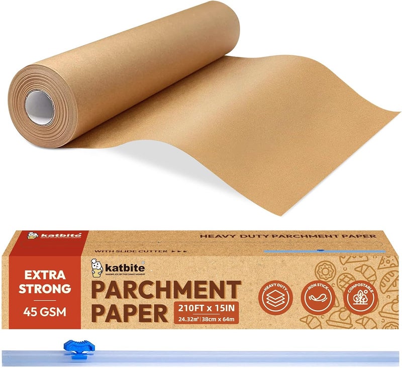 katbite Unbleached Parchment Paper for Baking, 15 Inch x 250 Yard, 260 Sq ft, Heavy Duty Baking Parchment Paper with Slide Cutter, Non-Stick Brown Parchment Paper Roll for Cooking, Air Fryer, - Image 1
