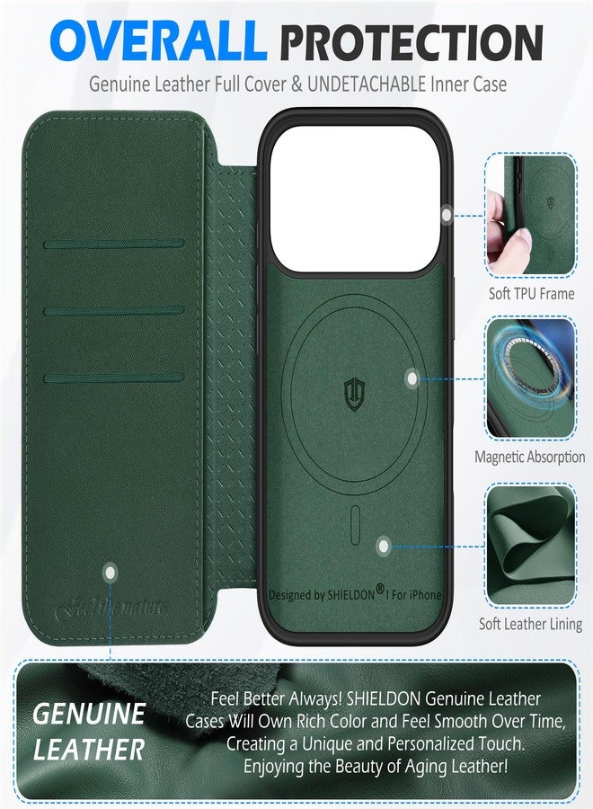 SHIELDON Slim Genuine Leather Wallet Case for iPhone 17 Pro 6.3-inch 5G 2025, Magnetic Wireless Charging, RFID Blocking, Card Holder, Full Protection, Shock-Absorbent, Flip Folio Cover - Evergreen - Image 3