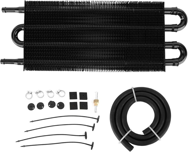Hyuduo Anodized Aluminum Oil Cooler for Transmission & Power Steering Cooling 4-Row Black Radiator for Street Cars Compatible with Most Vehicles - Image 1
