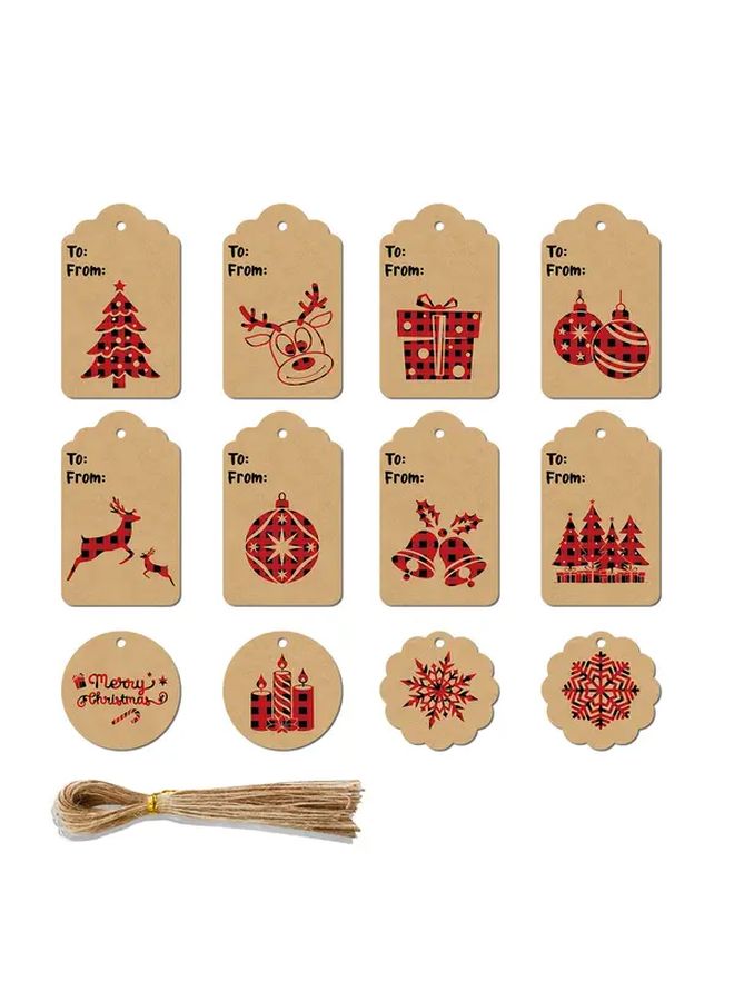 Holiday Season Gift Tags With Plaid Snowflake Tree Elk Patterns Twine Rope - Image 1
