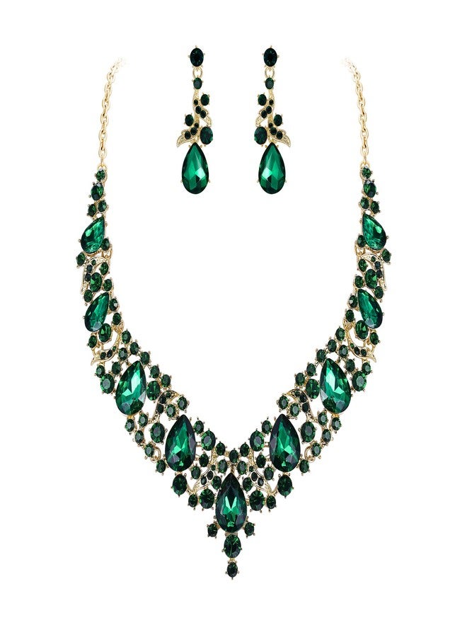 بريلوف طقم مجوهرات نسائي أنيق من بريلوف، يتألف من قلادة وأقراط متدلية مرصعة بكريستال على شكل دمعة، بلون الزمرد والذهبي. - Image 1
