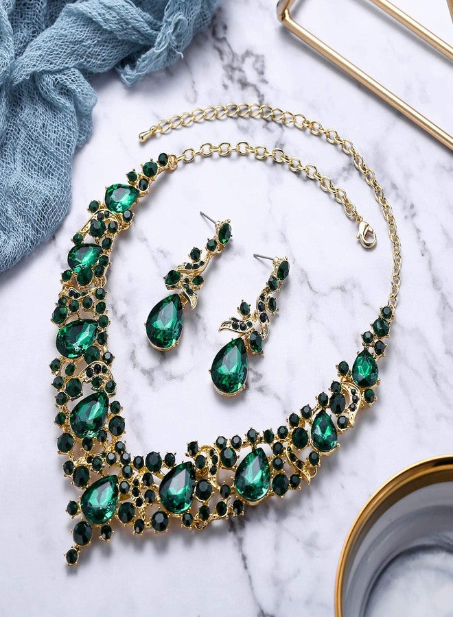 بريلوف طقم مجوهرات نسائي أنيق من بريلوف، يتألف من قلادة وأقراط متدلية مرصعة بكريستال على شكل دمعة، بلون الزمرد والذهبي. - Image 3