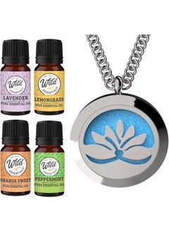 mEssentials Wild Essentials Open Lotus Flower Necklace Essential Oil Diffuser Kit, Lavender, Lemongrass, Peppermint, Orange Oils, 12 Refill Pads, Aromatherapy Gift Set, Customizable Color Changing, Perfume 