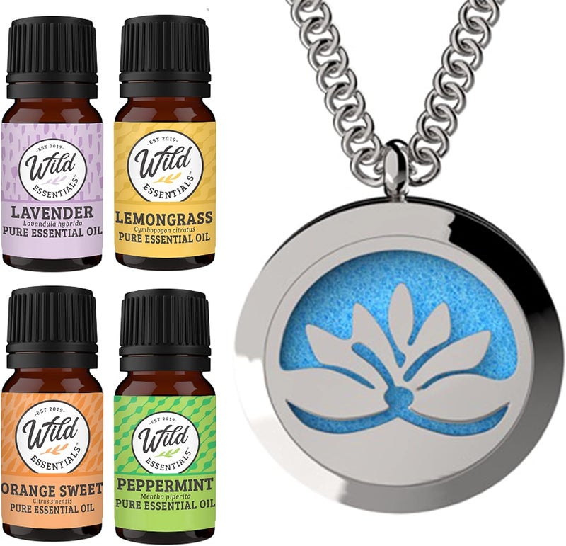 mEssentials Wild Essentials Open Lotus Flower Necklace Essential Oil Diffuser Kit, Lavender, Lemongrass, Peppermint, Orange Oils, 12 Refill Pads, Aromatherapy Gift Set, Customizable Color Changing, Perfume 