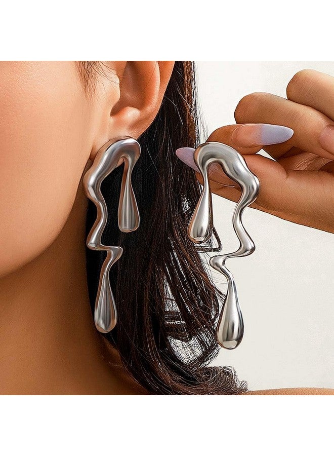 Gangel Large Stud Earring Irregular Waterdrop Earrings Mismatched Earring Drop Dangle Earrings Rave Trendy Jewelry Statement Earrings For Women (Silver) - Image 3