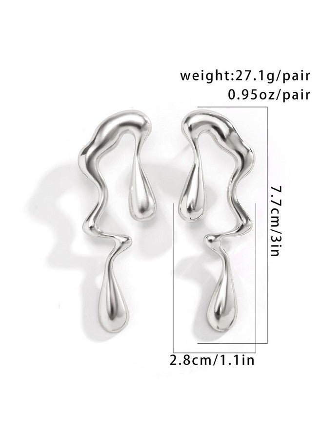 Gangel Large Stud Earring Irregular Waterdrop Earrings Mismatched Earring Drop Dangle Earrings Rave Trendy Jewelry Statement Earrings For Women (Silver) - Image 4