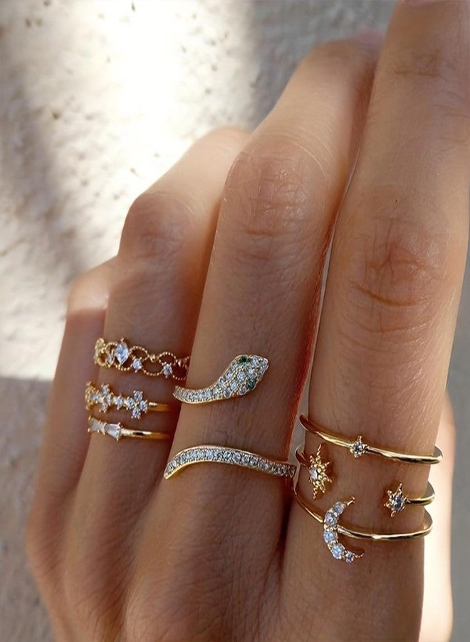 FUTIMELY 6-9Pcs Snake Rings Set for Women,Boho Snake Moon Flower Multicolor Knuckle Vintage Rings Crystal Stacking Finger Rings for Jewelry (Snake Rings-1) - Image 2