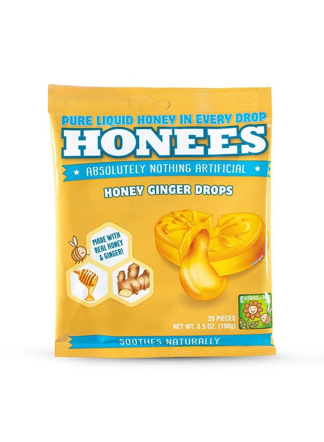 Honees Filled Honey Ginger Drops, Natural Cough Drops- Pure Ginger Sore Throat Relief - Nothing Artificial -Throat Coat Lozenges, Natural Cough Suppressant, Non-GMO (1 Pack – 20 Drops) - Image 1