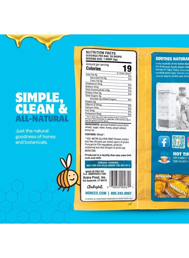 Honees Filled Honey Ginger Drops, Natural Cough Drops- Pure Ginger Sore Throat Relief - Nothing Artificial -Throat Coat Lozenges, Natural Cough Suppressant, Non-GMO (1 Pack – 20 Drops) - Image 4