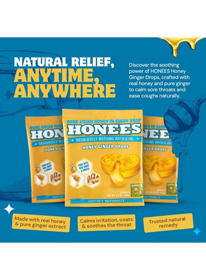 Honees Filled Honey Ginger Drops, Natural Cough Drops- Pure Ginger Sore Throat Relief - Nothing Artificial -Throat Coat Lozenges, Natural Cough Suppressant, Non-GMO (1 Pack – 20 Drops) - Image 2