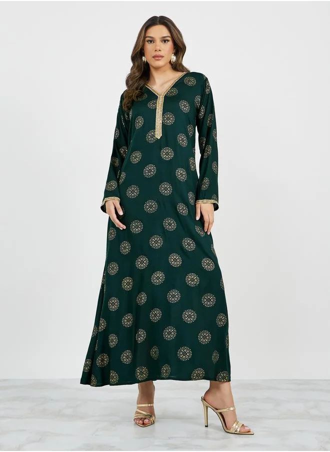 Styli Styli All-Over Print Lace Detail V-Neck A-Line Jalabyia
