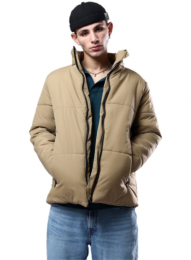 RAVIN Stand-Collar Solid Light Camel Puffer Jacket Best Price