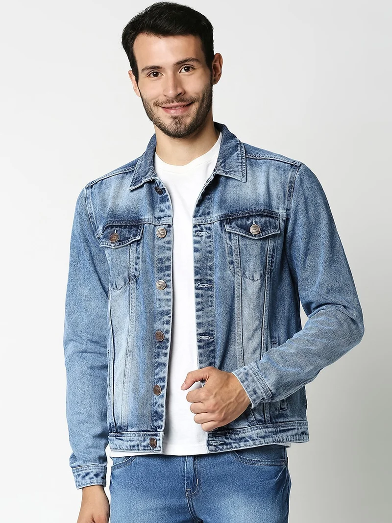 HIGH STAR Men Blue Washed Denim Jacket