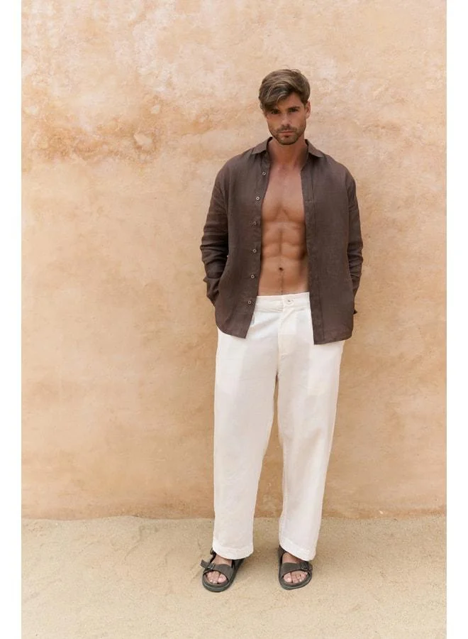 Bohemai Fyfaha Men's Wide-Leg Ecru Linen Pants.