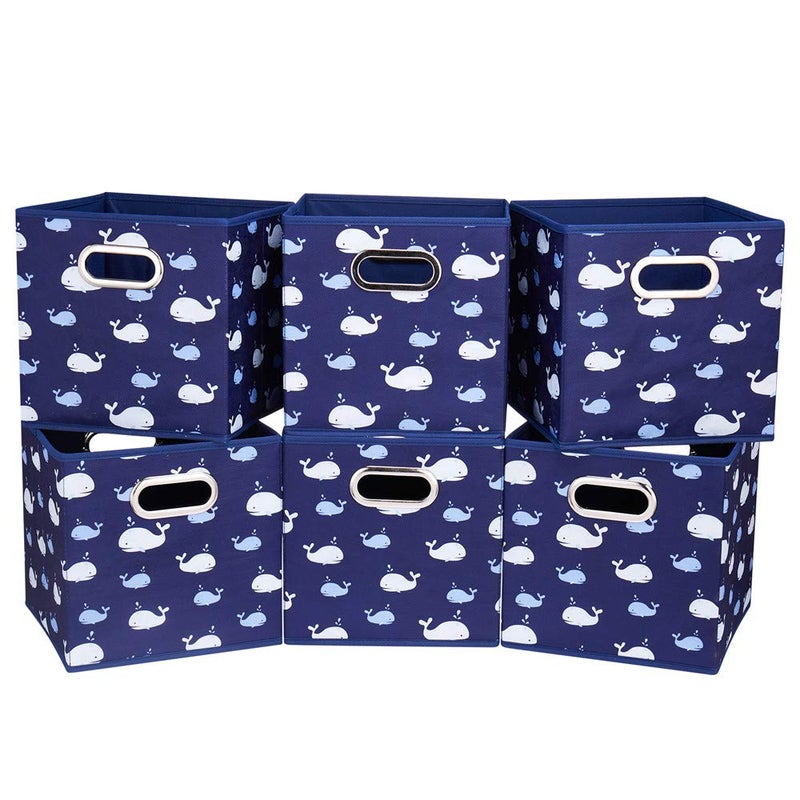HSDT 13 inch Collapsible Storage Cubes Bins Fabric Storage Boxes Blue Foldable Cube Inserts Storage White Whale Folding Cloth Storage Baskets Drawer Organizer QYSC046
