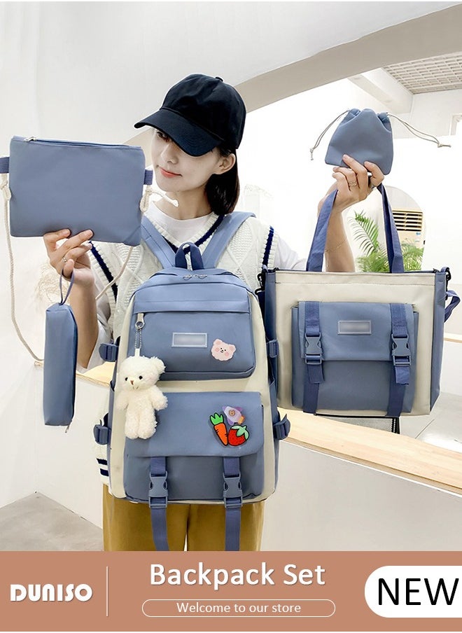 DUNISO - 5pcs School Backpack Set for Teenager Student,Large Capacity Lightweight Cute Simple Casual Fashion High Stretch Canvas Kids Backpack,School Bag Set with Cute Pendant Handbag,Crossbody Bag Lunch Bag Coin Purse,Suitable for Office College School Gift - Image 1