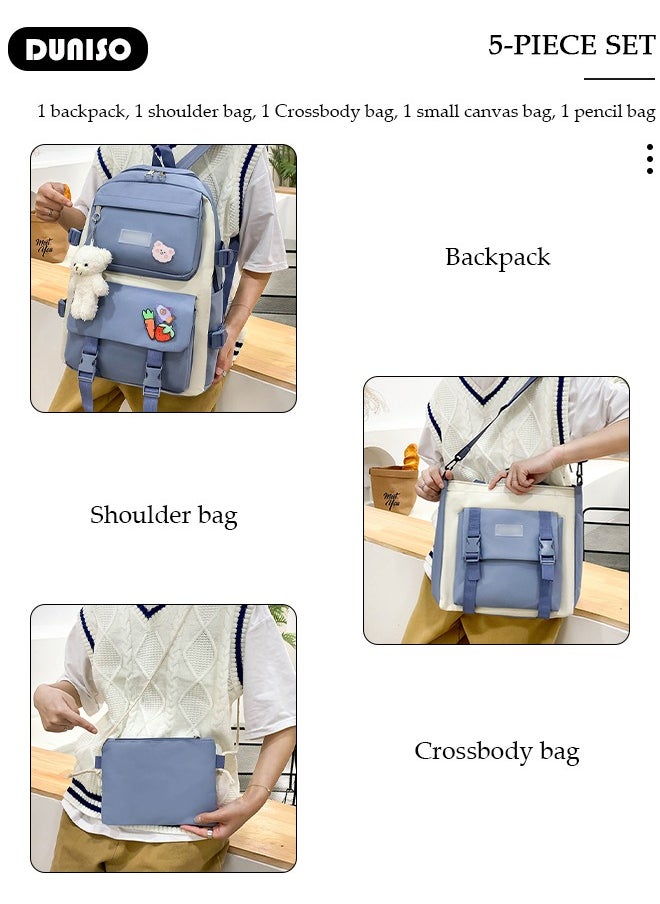 DUNISO - 5pcs School Backpack Set for Teenager Student,Large Capacity Lightweight Cute Simple Casual Fashion High Stretch Canvas Kids Backpack,School Bag Set with Cute Pendant Handbag,Crossbody Bag Lunch Bag Coin Purse,Suitable for Office College School Gift - Image 1