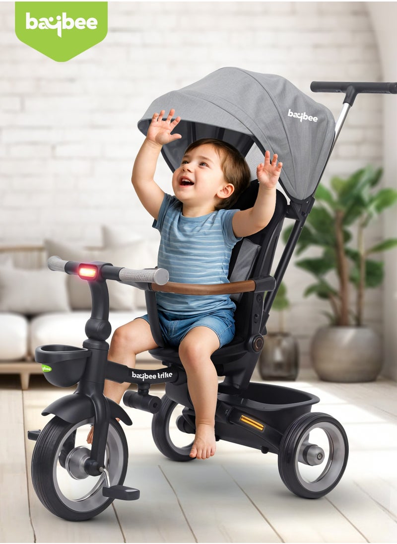 BAYBEE - Cozy 7 in 1 Convertible Baby Tricycle for Kids, Foldable Baby Kids Cycle with Parental Push Handle, Canopy, Rotatable Seat, Light, Safety Bar & Belt | Kids Tricycle Cycle for Kids 1.5 to 5 Years Grey - Image 1