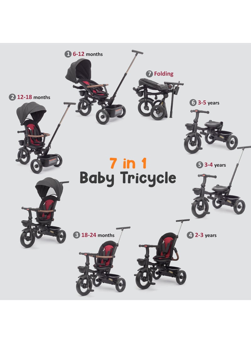BAYBEE - Cozy 7 in 1 Convertible Baby Tricycle for Kids, Foldable Baby Kids Cycle with Parental Push Handle, Canopy, Rotatable Seat, Light, Safety Bar & Belt | Kids Tricycle Cycle for Kids 1.5 to 5 Years Grey - Image 1