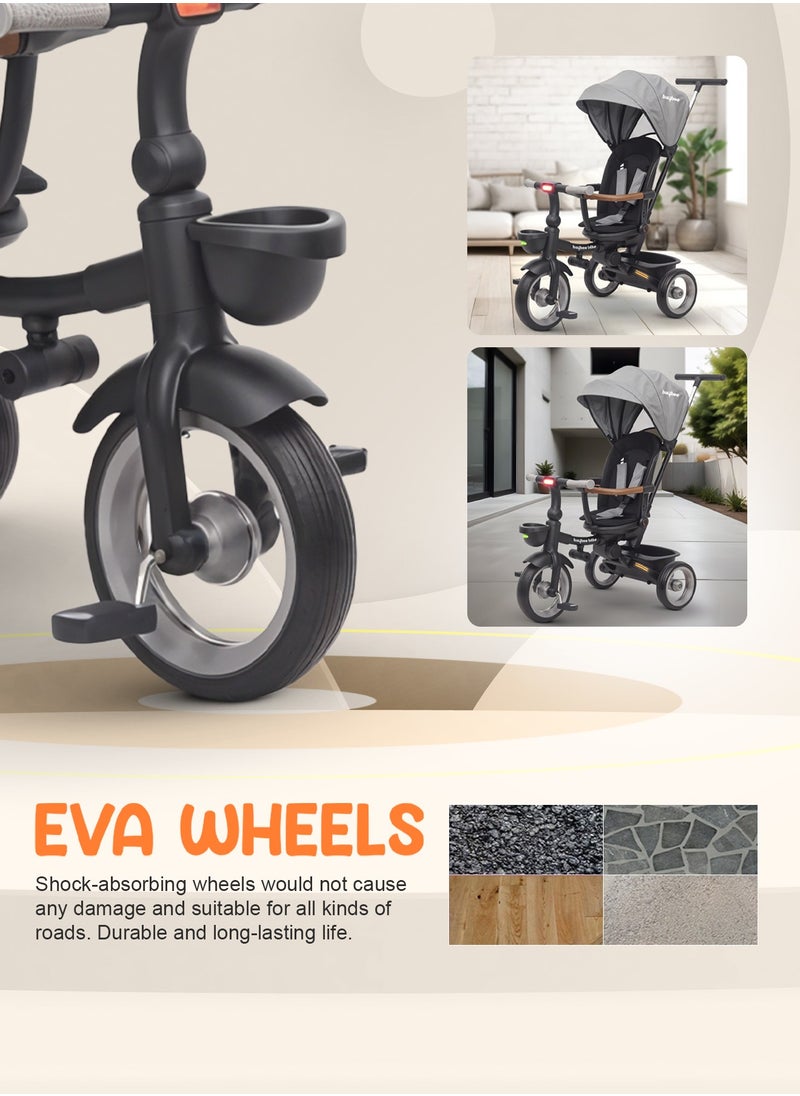 BAYBEE - Cozy 7 in 1 Convertible Baby Tricycle for Kids, Foldable Baby Kids Cycle with Parental Push Handle, Canopy, Rotatable Seat, Light, Safety Bar & Belt | Kids Tricycle Cycle for Kids 1.5 to 5 Years Grey - Image 1