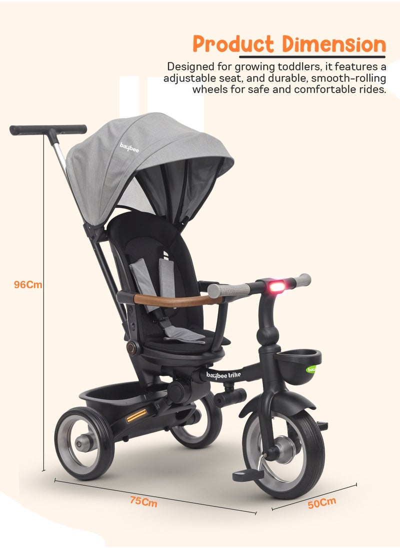 BAYBEE - Cozy 7 in 1 Convertible Baby Tricycle for Kids, Foldable Baby Kids Cycle with Parental Push Handle, Canopy, Rotatable Seat, Light, Safety Bar & Belt | Kids Tricycle Cycle for Kids 1.5 to 5 Years Grey - Image 1