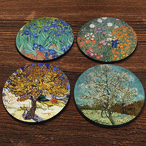 CARIBOU Coasters - Irises, Mulberry, The Pink Peach Tree by Vincent Van Gogh, Gustav Klimt Flower Garden Design Absorbent Round Fabric Felt Neoprene Coasters for Drinks, 4pcs Set - Image 2