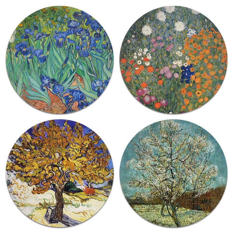 CARIBOU Coasters - Irises, Mulberry, The Pink Peach Tree by Vincent Van Gogh, Gustav Klimt Flower Garden Design Absorbent Round Fabric Felt Neoprene Coasters for Drinks, 4pcs Set - Image 5