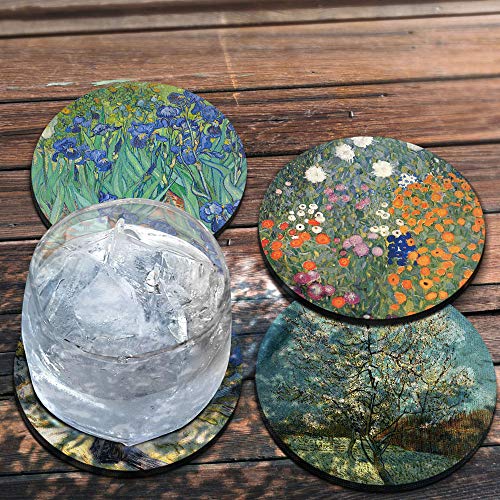 CARIBOU Coasters - Irises, Mulberry, The Pink Peach Tree by Vincent Van Gogh, Gustav Klimt Flower Garden Design Absorbent Round Fabric Felt Neoprene Coasters for Drinks, 4pcs Set - Image 4