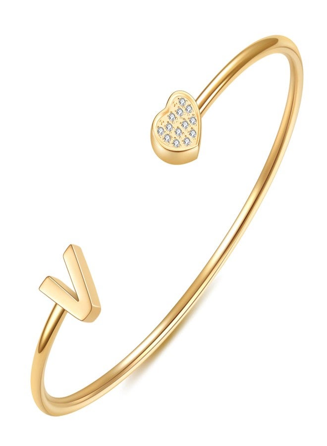 VQYSKO Heart Initial Cuff Bracelets for Woman-CZ Stainless Steel Adjustable Open Bracelet Woman Jewellery,Birthday Gifts for Woman (Gold V) - Image 1