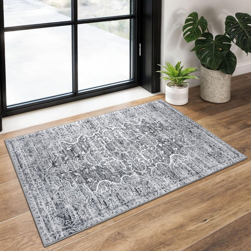KUTA Vintage Entryway Rugs Indoor Grey Blue White Washable Rug 2x3 NonSlip Soft Printed Floral Medallion Doormat Small Accent Farmhouse Kitchen Throw Carpet for Entrance and Bedroom