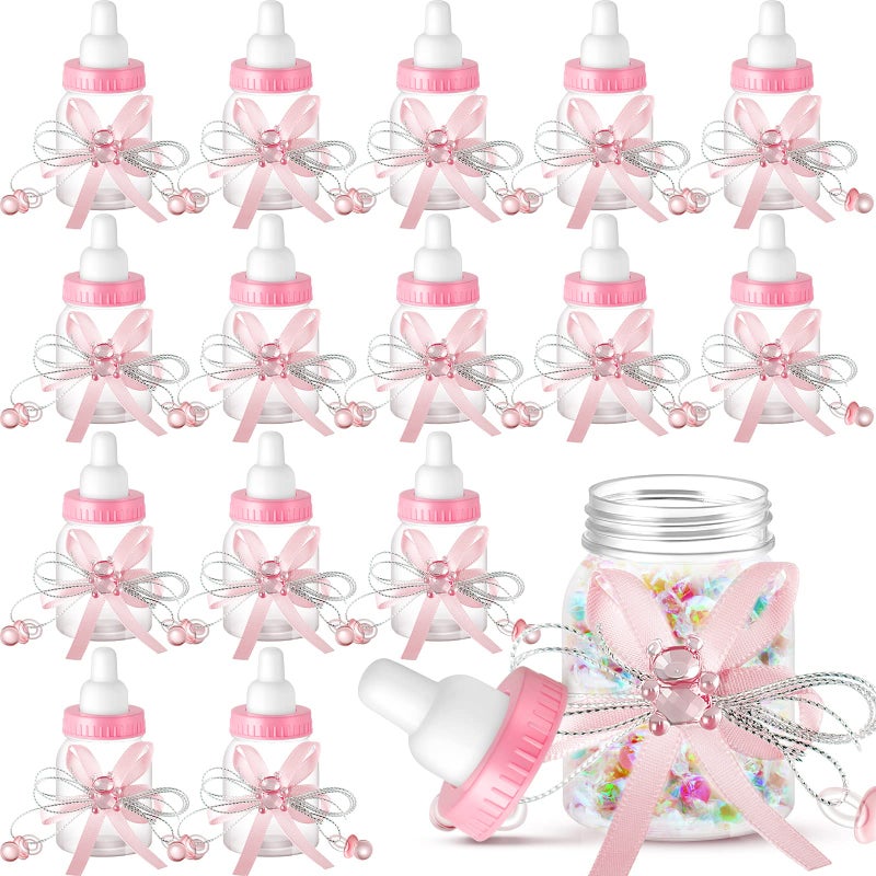 Nuenen Nuenen 48 Pcs Baby Shower Bottles Mini Milk Bottle Plastic Bear Candy Bottles with Ribbon Baby Shower Wedding Gift for GuestPink 