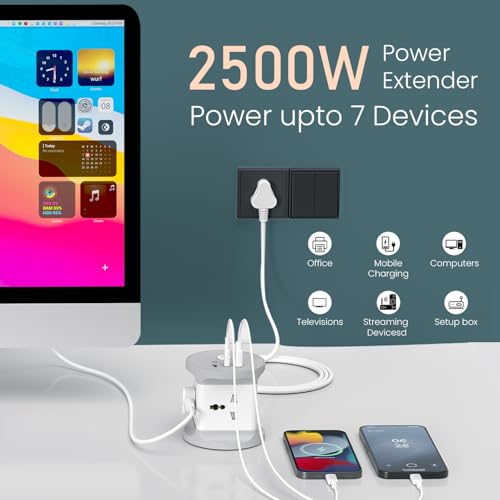 Portronics Power Plate 9 Pro, 2500W 7-in-1 Desktop Charging Station with 4X Universal Sockets, 12W USB-A & Type-C Ports, Space-Saving Power Extender, 2M Cord, Power Switch, Child Proof Shutters - Image 3