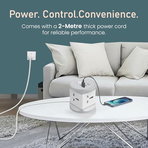 Portronics Power Plate 9 Pro, 2500W 7-in-1 Desktop Charging Station with 4X Universal Sockets, 12W USB-A & Type-C Ports, Space-Saving Power Extender, 2M Cord, Power Switch, Child Proof Shutters - Image 5