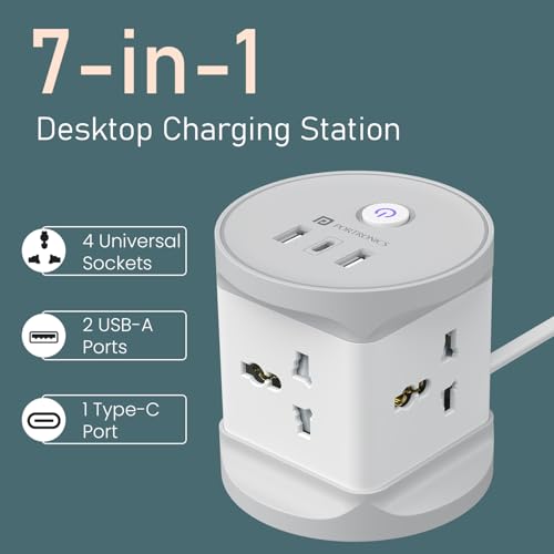 Portronics Power Plate 9 Pro, 2500W 7-in-1 Desktop Charging Station with 4X Universal Sockets, 12W USB-A & Type-C Ports, Space-Saving Power Extender, 2M Cord, Power Switch, Child Proof Shutters - Image 2