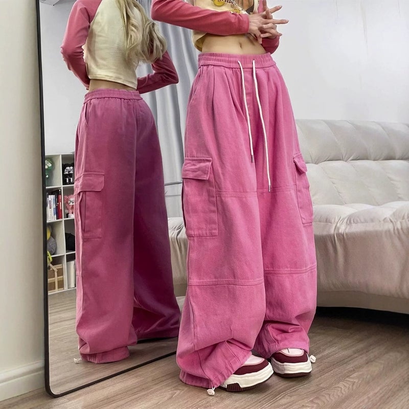 American Retro Pink Caught Pants For Men And Women Straight Loose Wide Leg High Waist Slimming Casual Pants Denim Pants - Image 4