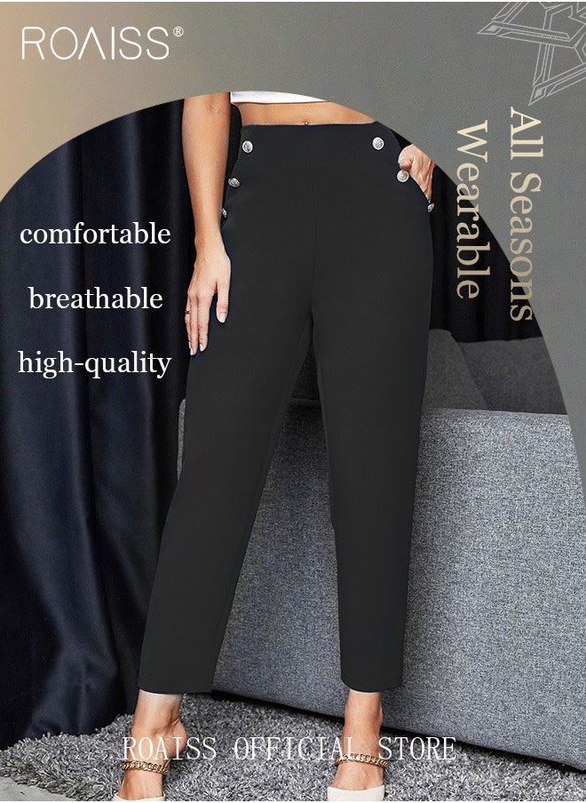 High Waist Fake Button Slant Pockets Pants for Women Ladies Fashion Solid Color Golden Buttons Casual Pencil Pants Female Ankle Length Trousers Business Work Office - pzsku/ZD1A06F867E2938B317FBZ/45/_/1729044654/11d860bc-c68b-40fb-83c7-fce48b135bae