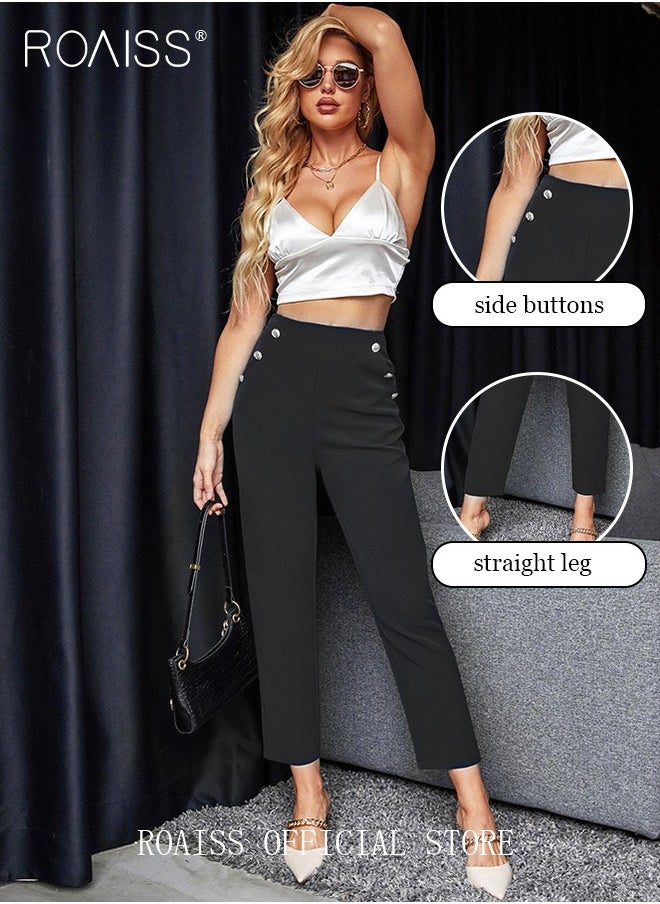 High Waist Fake Button Slant Pockets Pants for Women Ladies Fashion Solid Color Golden Buttons Casual Pencil Pants Female Ankle Length Trousers Business Work Office - pzsku/ZD1A06F867E2938B317FBZ/45/_/1729044654/6aadd480-9852-4a7d-982a-e0b5e64ad2f1