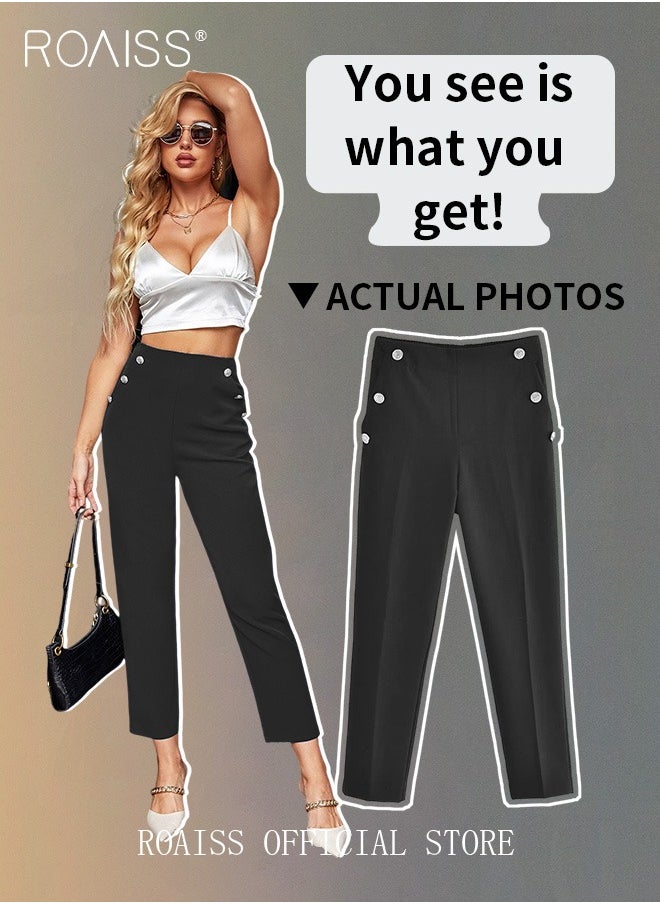 High Waist Fake Button Slant Pockets Pants for Women Ladies Fashion Solid Color Golden Buttons Casual Pencil Pants Female Ankle Length Trousers Business Work Office - pzsku/ZD1A06F867E2938B317FBZ/45/_/1729044655/01e482d1-008e-443c-95cd-a8d8f7926f13