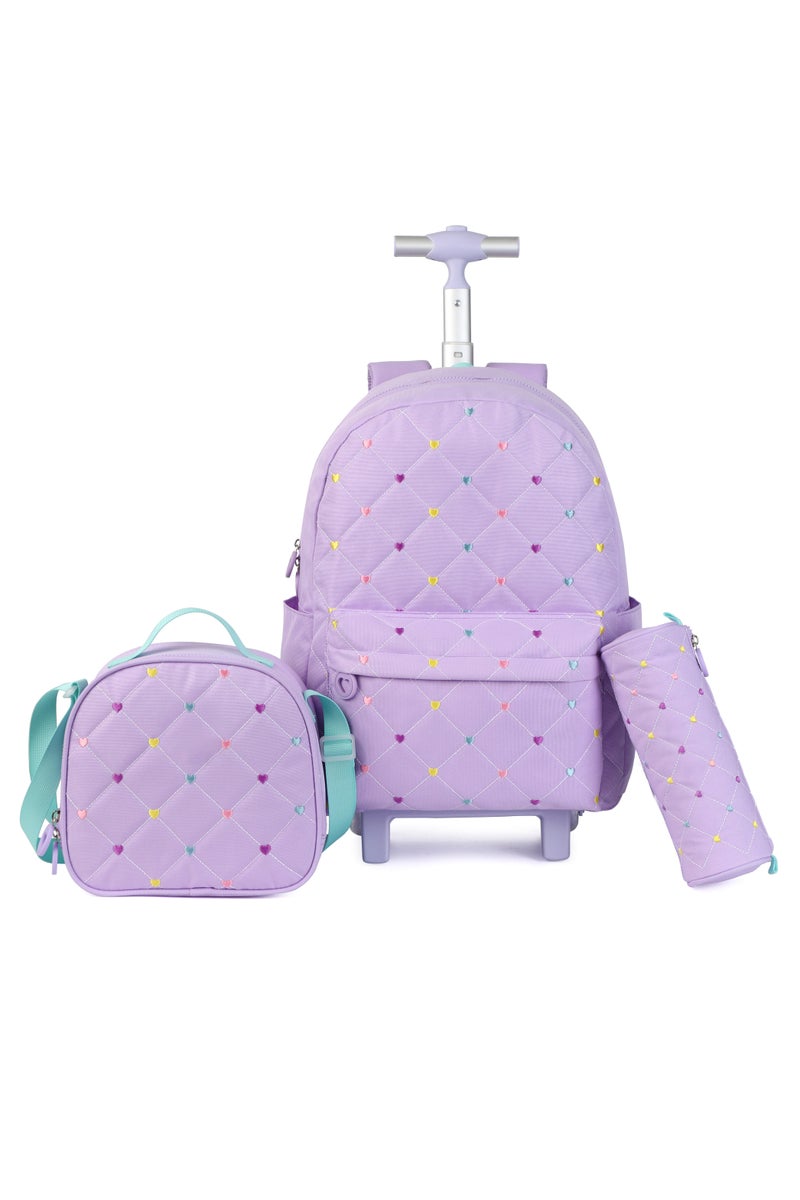 Girls’ 3-in-1 Trolley School Backpack Set – Lightweight Quilted Trolley Bag with Wheels, Lunch Bag & Pencil Case – Lavender Purple, Adjustable Straps, Durable for Primary & Elementary Students - Image 1